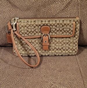 Coach Tan and Brown Monogram Wristlet With Buckle Snap Front Pocket